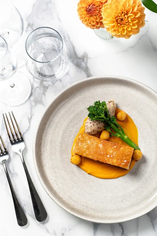 Plate with a meal serving for the wedding breakfast at Copdock Hall