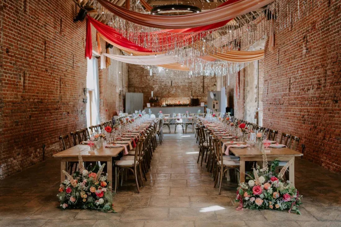 Copdock hall barn set up with draping from ceiling